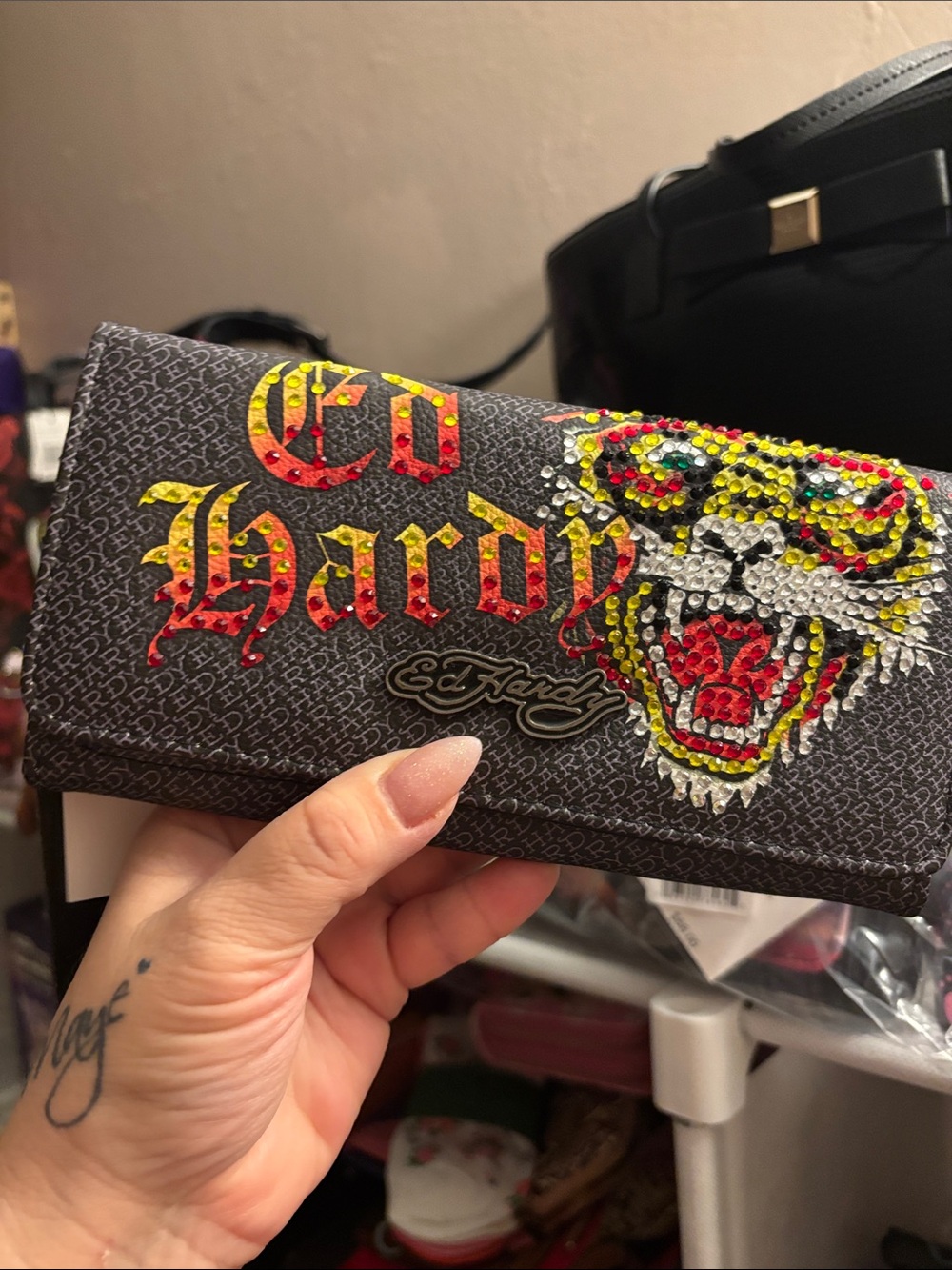 Ed Hardy flap clutch wallet with rhinestone NWT